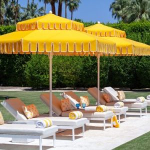 sarı bahçe şemsiye imalatçıları - one of sample product of yellow patio umbrella manufacturers around sunbed with cushion